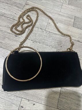 Zara Black Suede Clutch with Gold Chain and Ring
